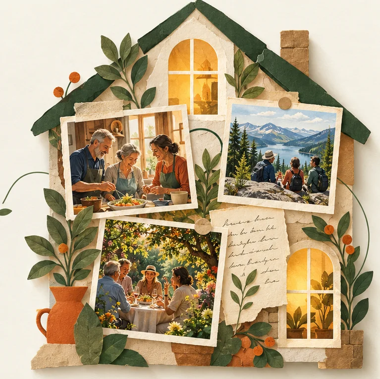 Home Folk’s paper-cut home artwork with fictional family photographs, leaves and glowing windows