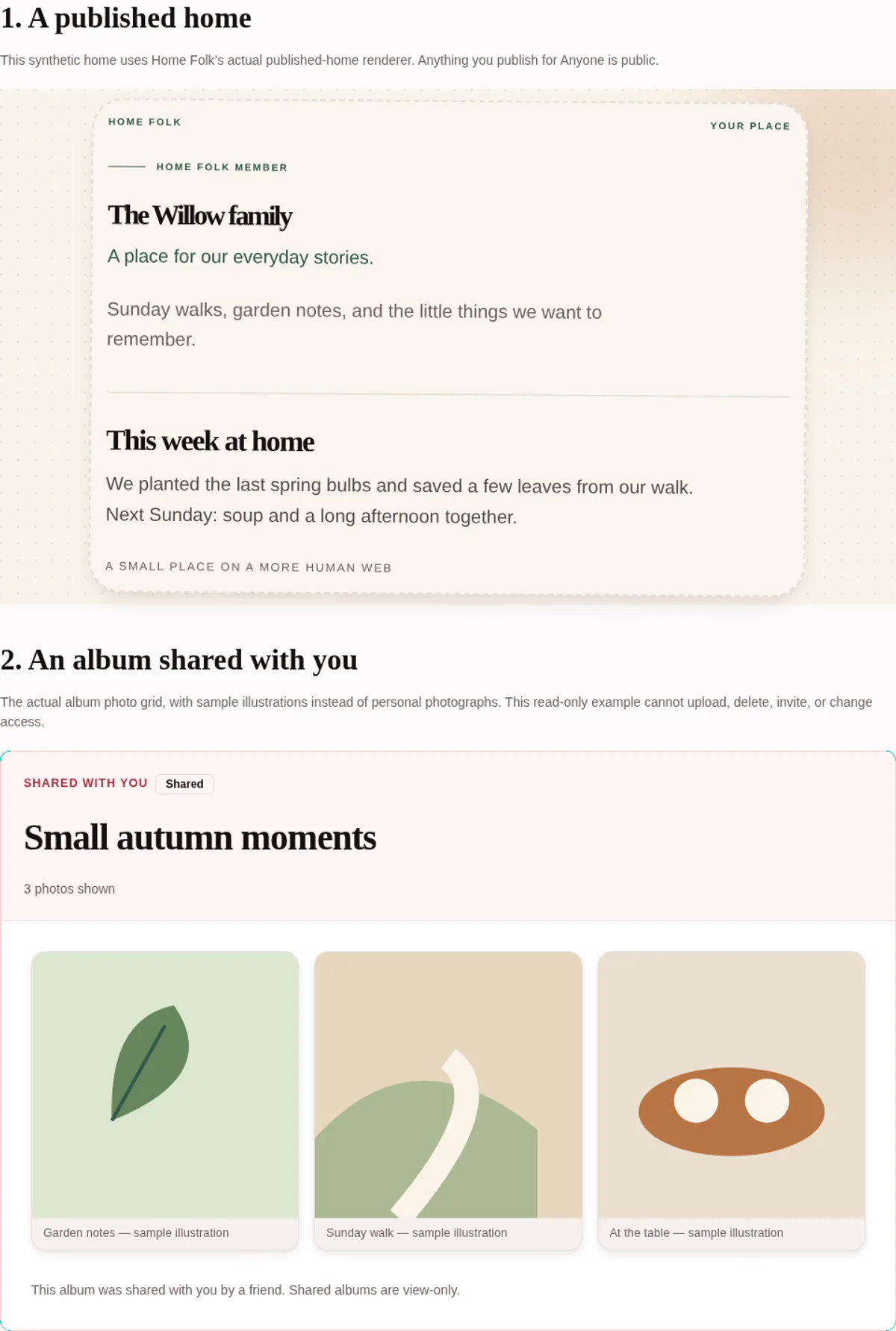 Actual Home Folk published-home and photo-album renderers using fictional example content