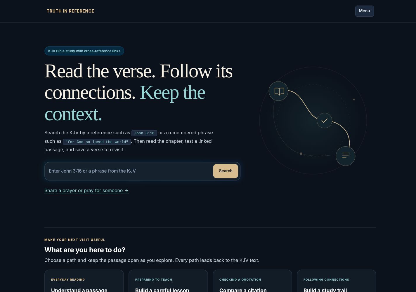 Actual Truth In Reference homepage showing its KJV search interface, dark navy design and context-focused introduction